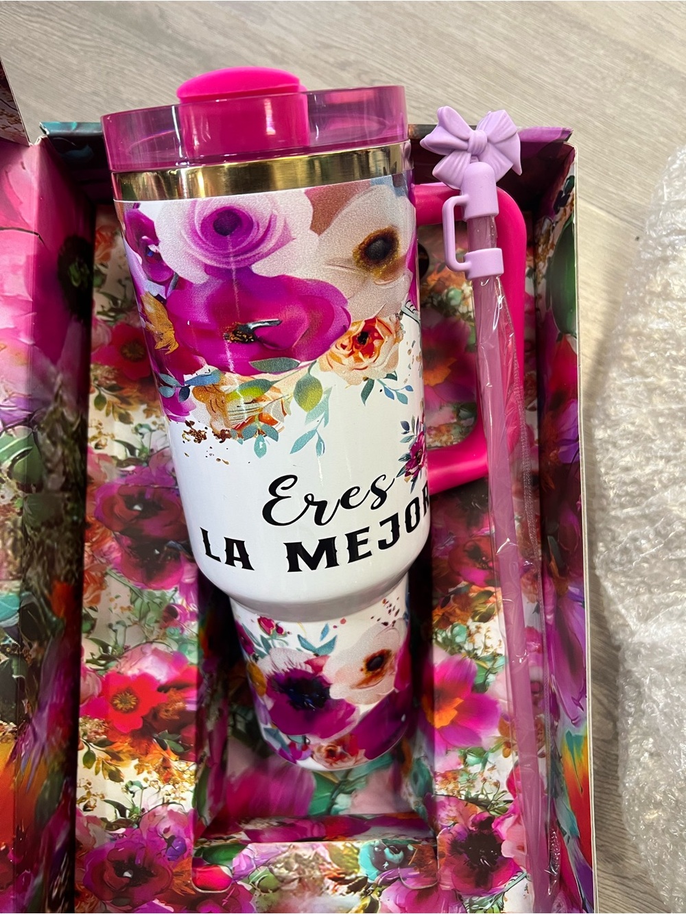 Floral Insulated Tumbler - 'Eres La Mejor' - Pink & White